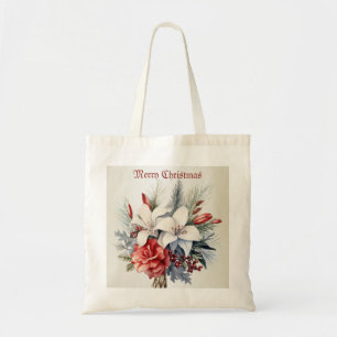 Tote Bag Fleurs Rouges Blanches de Noël Élégantes pour les