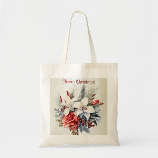 Tote Bag Fleurs Rouges Blanches de Noël Élégantes pour les