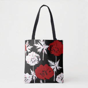 Tote Bag Fleurs rouges, blanches sur le noir.