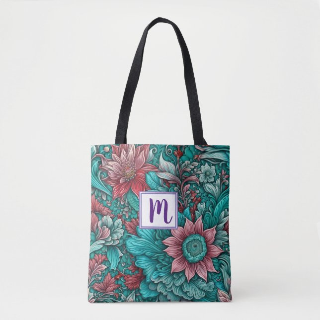 Tote Bag Fleurs rouges bleues Monogrammes (Devant)