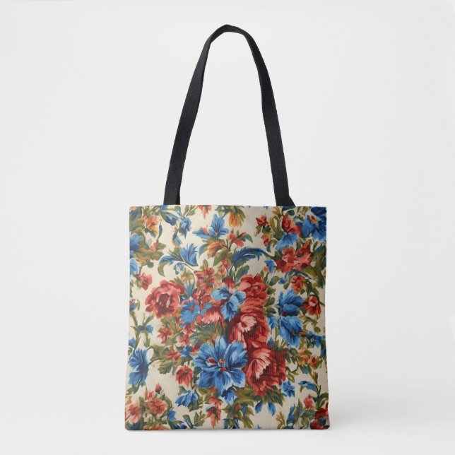 Tote Bag Fleurs rouges et bleues italiennes avec Feuilles l (Devant)