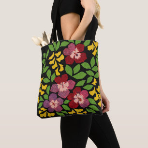 Tote Bag Fleurs rouges foncées, violettes, vertes et jaunes