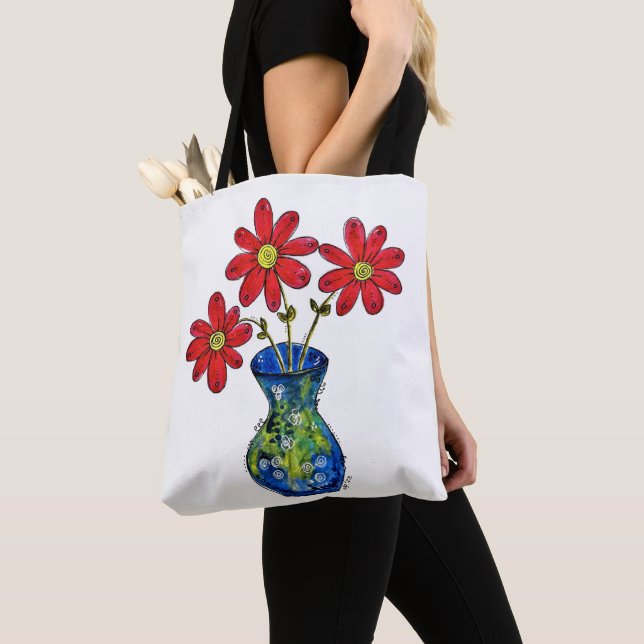 Tote Bag Fleurs rouges lunaires dans Vase bleu (De près)