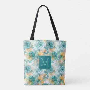 Tote Bag Fleurs sarcelle et jaune, monogramme en bloc de co