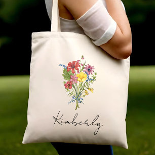 Tote Bag Fleurs sauvages Motif botanique Nom personnalisé