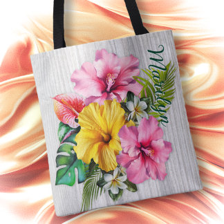 Tote Bag Fleurs tropicales bois gris personnalisé AOP