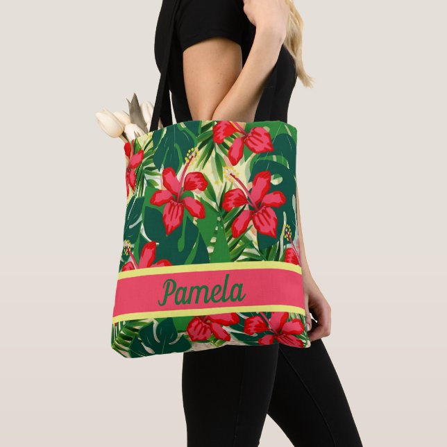 Tote Bag Fleurs tropicales et feuilles (De près)