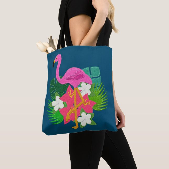 Tote Bag Fleurs tropicales Flamants roses roses (De près)