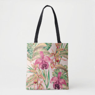Tote Bag Fleurs tropicales, fleur d'orchidées, feuilles de