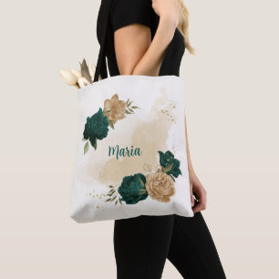 Tote Bag fleurs vert émeraude et or beige