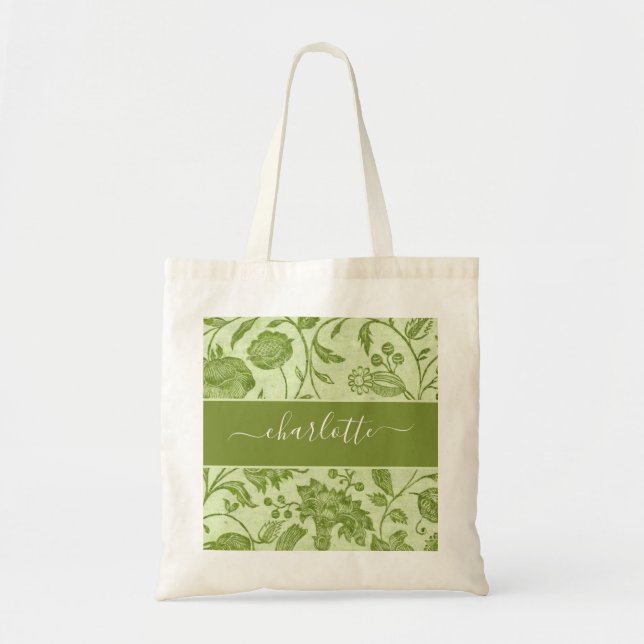 Tote Bag Fleurs Vertes Vintage Rustique (Devant)