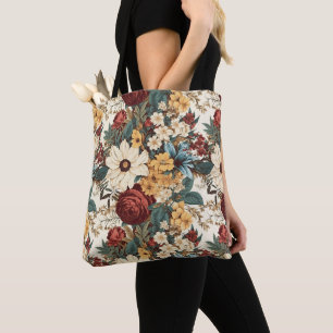 Tote Bag Fleurs vintages de Rose, tulipe, lys et marguerite