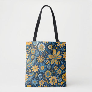 Tote Bag Fleurs vintages Design Hippie Retro Bleu Jaune