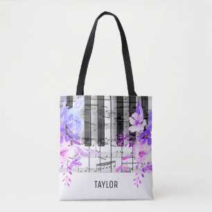 Tote Bag fleurs violettes bleues notes de musique piano