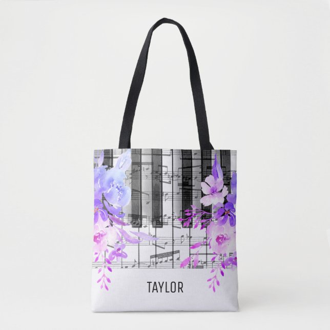 Tote Bag fleurs violettes bleues notes musicales piano (Devant)