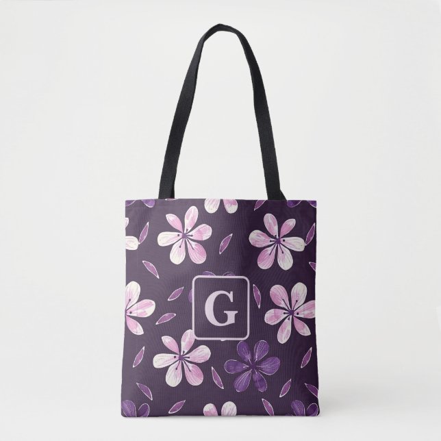 Tote Bag Fleurs violettes peintes à la main monogramme pers (Devant)
