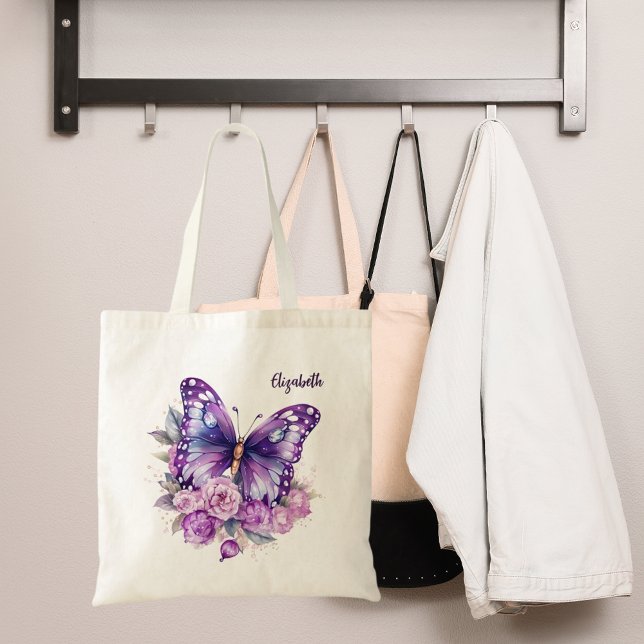 Tote Bag Fleurs violettes roses papillon (Créateur téléchargé)