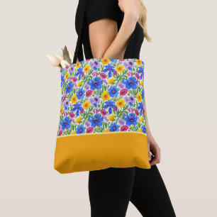 Tote Bag Fleurs violettes rouges jaunes bleues vives Bloc d