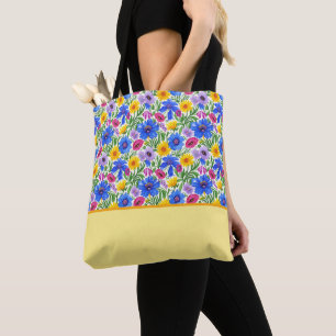Tote Bag Fleurs violettes rouges jaunes bleues vives Bloc d