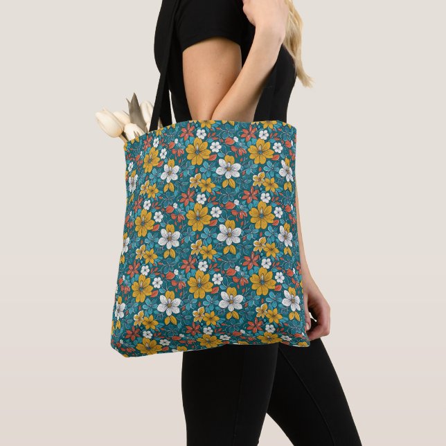 Tote Bag Fleurs vives, Arrière - plan foncé (De près)