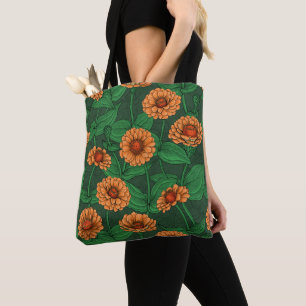 Tote Bag Fleurs Zinnia orange, feuilles verts sur vert fonc