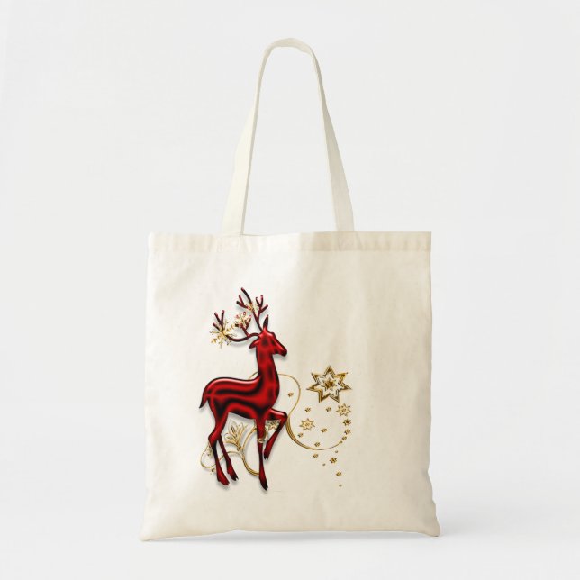 Tote Bag Flocon de neige rouge d'or de renne (Devant)