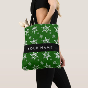 Tote Bag Flocons de neige blancs, Vert, Votre nom, Personna