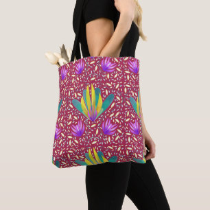 Tote Bag Floraison dorée sur turquoise - motif floral éléga
