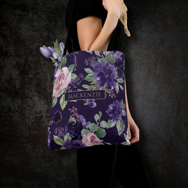 Tote Bag Floraison | Motif violet foncé et rose (Créateur téléchargé)