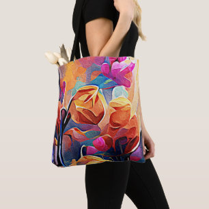 Tote Bag Floral Abstract Art Orange Red Blue Flowers