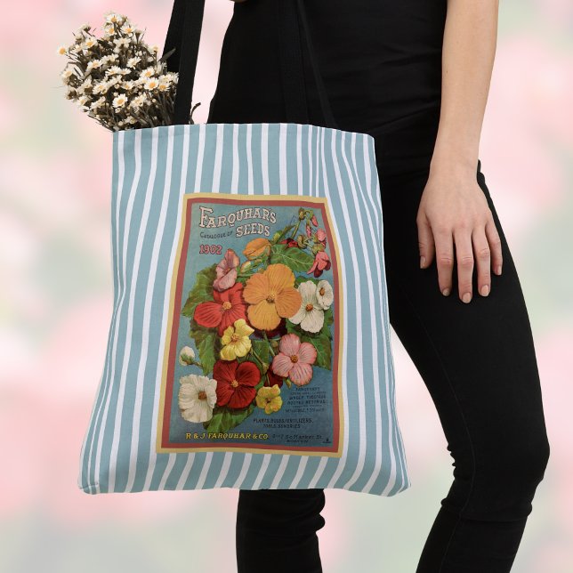 Tote Bag Floral Begonias Pink 1902 Seed Packet Blue Stripes (Créateur téléchargé)