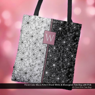 Tote Bag Floral Color Block Motif noir blanc et monogramme