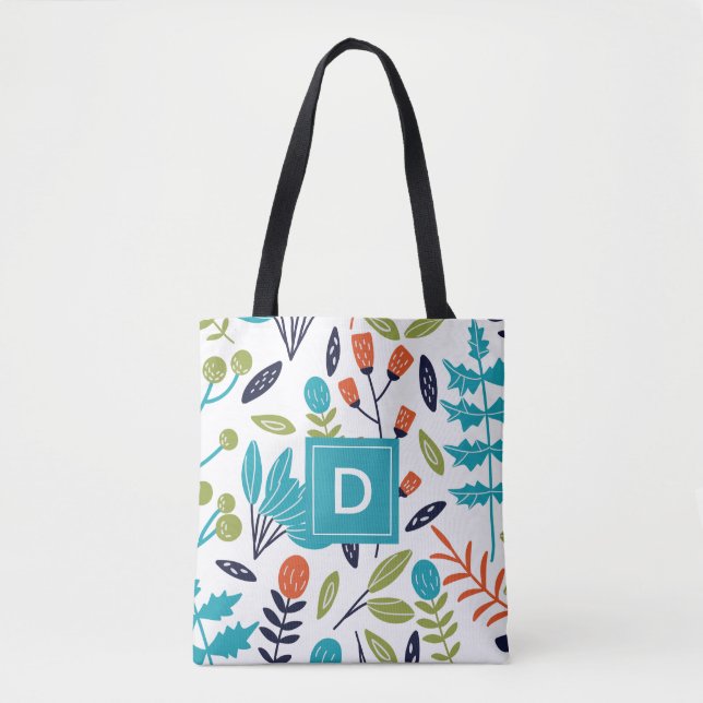 Tote Bag Floral coloré moderne + Monogramme Motif de feuill (Devant)
