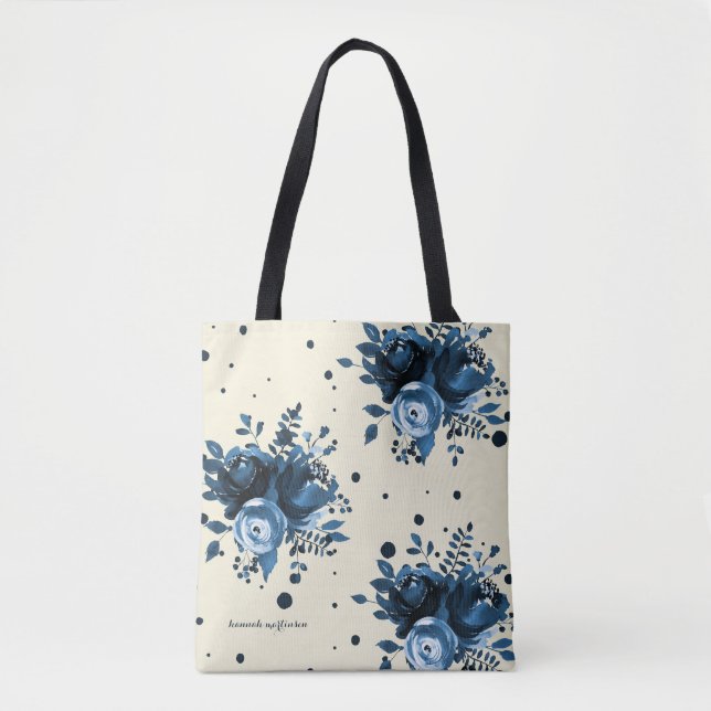 Tote Bag Floral d'aquarelle bleu avec points et ajouter un  (Devant)