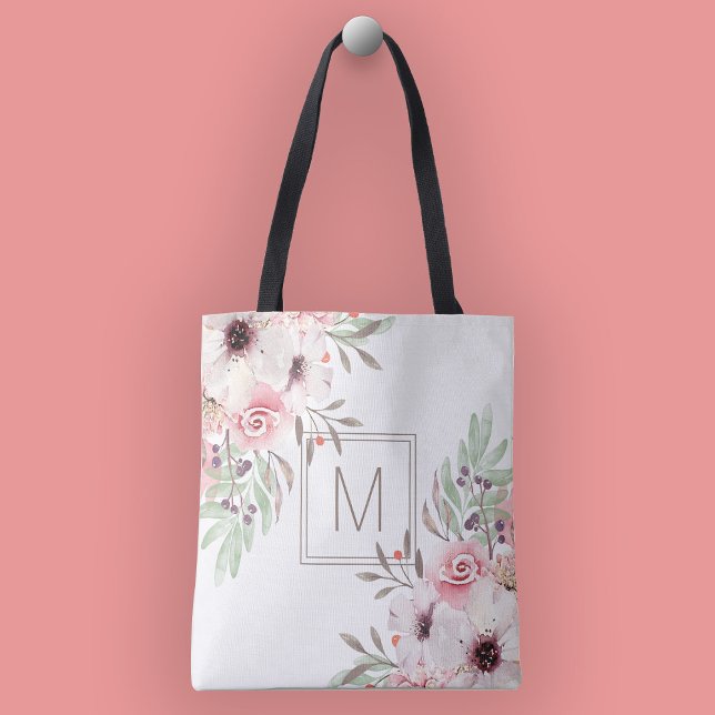 Tote Bag Floral d'aquarelle rose monogramme moderne (Créateur téléchargé)