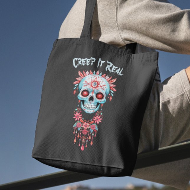 Tote Bag Floral Déplaisant crâne à sucre drôle Halloween (Créateur téléchargé)