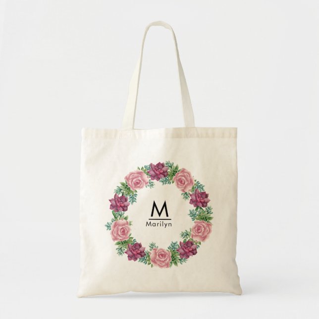 Tote Bag Floral Élégant Chic Bridesmaid Monogramme (Devant)