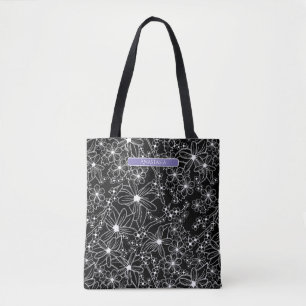 Tote Bag Floral foncé noir blanc Motif pourpre Nom