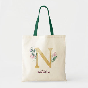 Tote Bag Floral Gold Vert violet Monogramme personnalisé