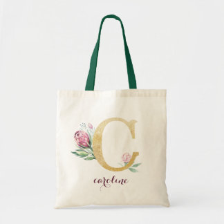 Tote Bag Floral Gold Vert violet Monogramme personnalisé