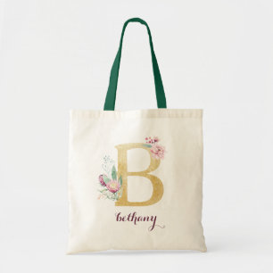 Tote Bag Floral Gold Vert violet Monogramme personnalisé