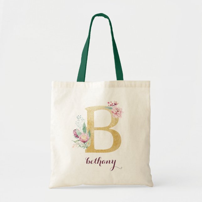 Tote Bag Floral Gold Vert violet Monogramme personnalisé (Devant)