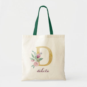 Tote Bag Floral Gold Vert violet Monogramme personnalisé