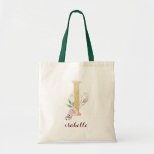 Tote Bag Floral Gold Vert violet Monogramme personnalisé
