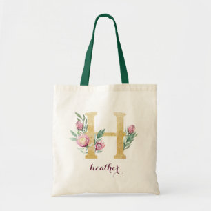 Tote Bag Floral Gold Vert violet Monogramme personnalisé