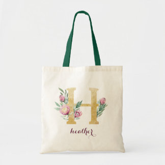 Tote Bag Floral Gold Vert violet Monogramme personnalisé