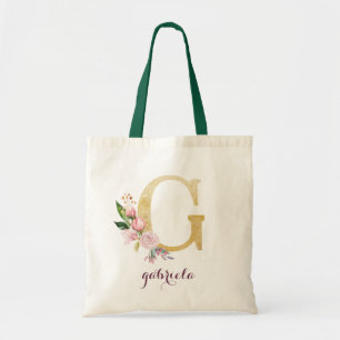 Tote Bag Floral Gold Vert violet Monogramme personnalisé