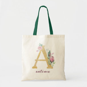 Tote Bag Floral Gold Vert violet Monogramme personnalisé