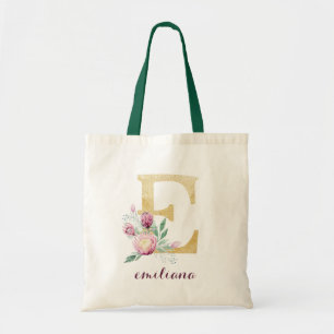 Tote Bag Floral Gold Vert violet Monogramme personnalisé