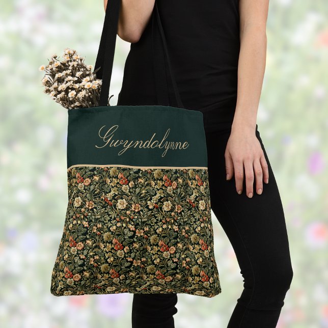 Tote Bag Floral Green Cream William Morris Inspired w Name (Créateur téléchargé)